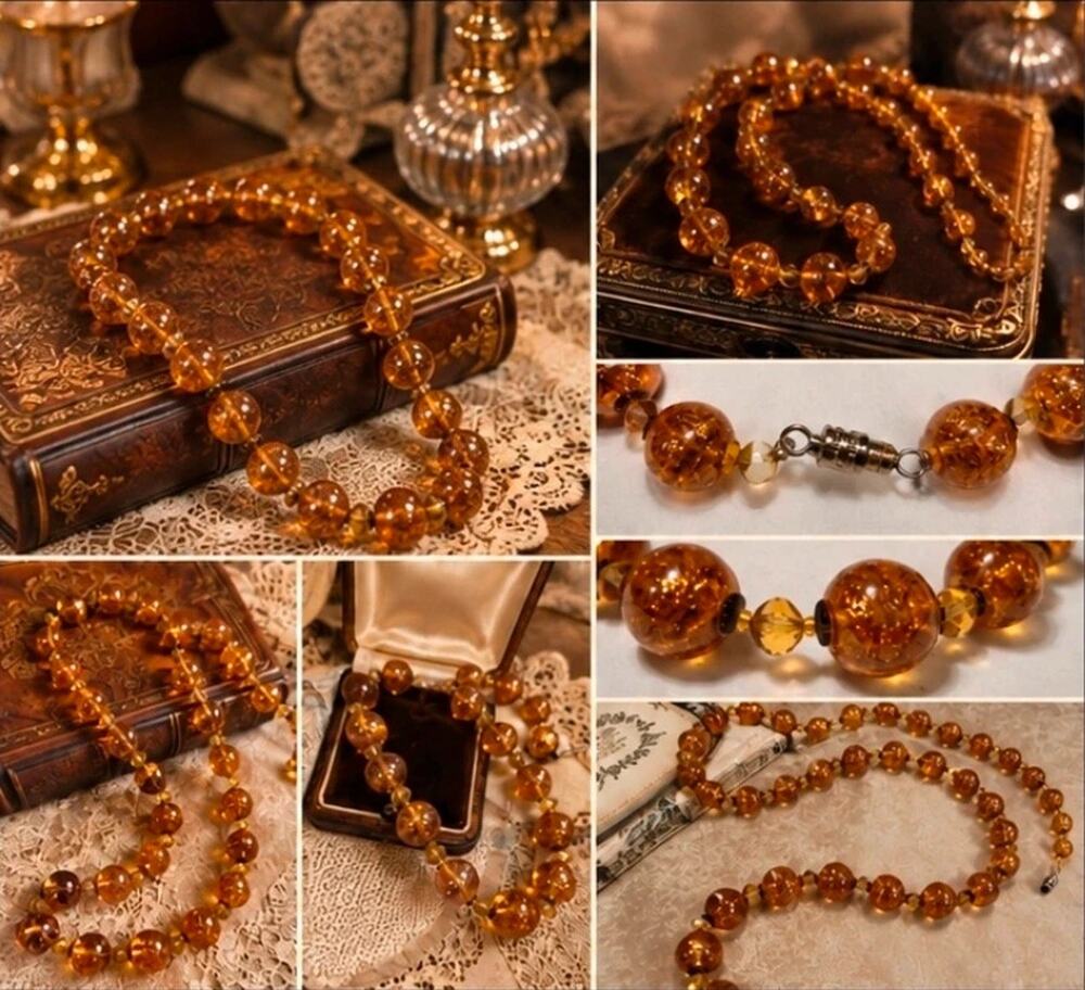 vintage golden-brown art glass beaded necklace